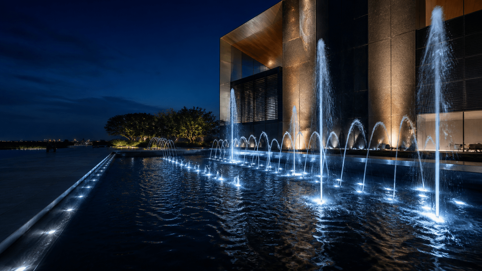 Imagem conceitual de uma fonte ornamental integrada à arquitetura contemporânea