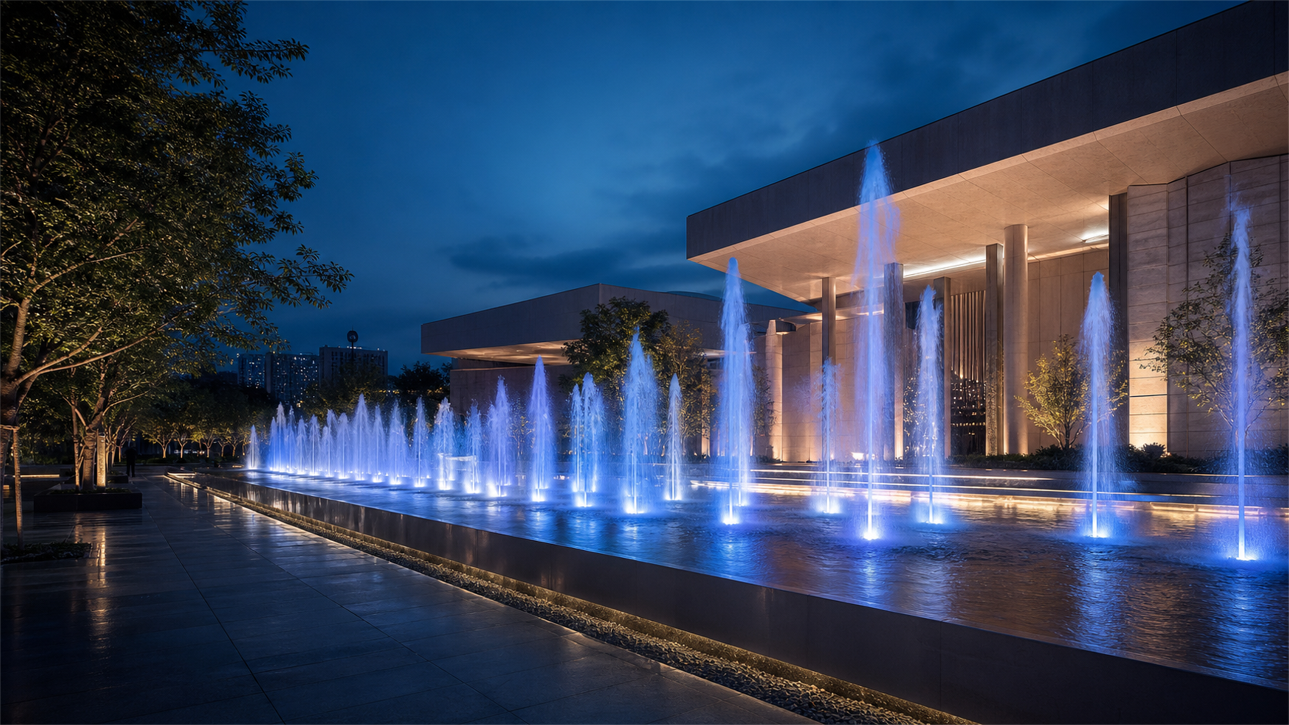 Visualização conceitual de um sistema de água e luz integrado a uma praça contemporânea