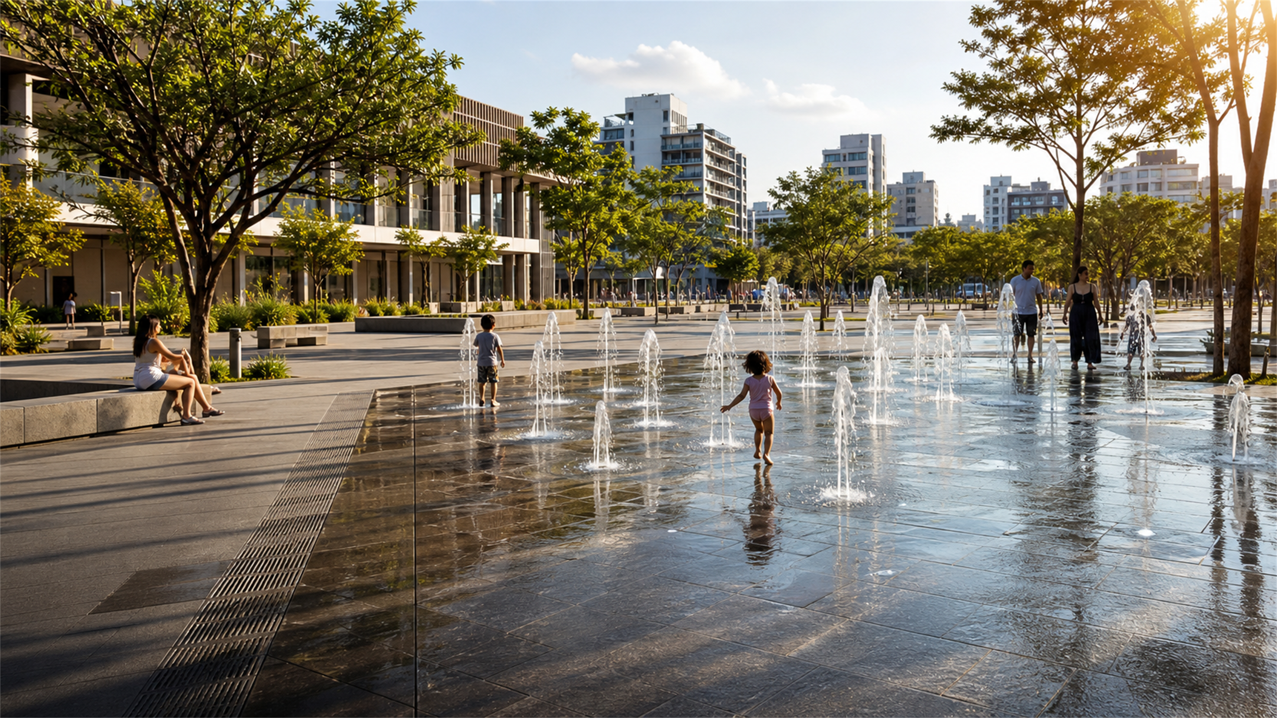 Visualização conceitual de um chafariz interativo em uma praça urbana contemporânea