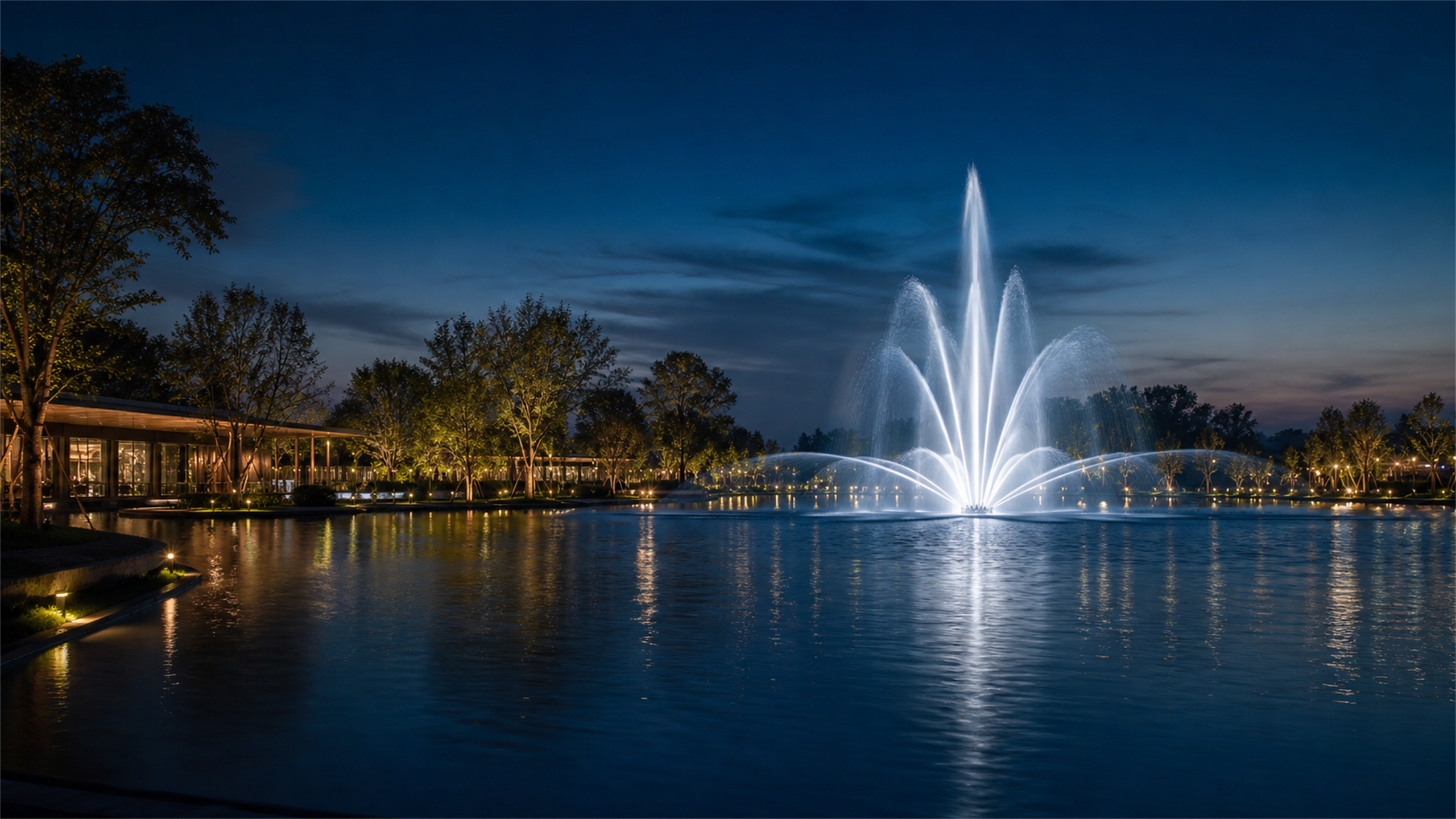 Visualização conceitual de uma fonte flutuante iluminada em um grande lago urbano