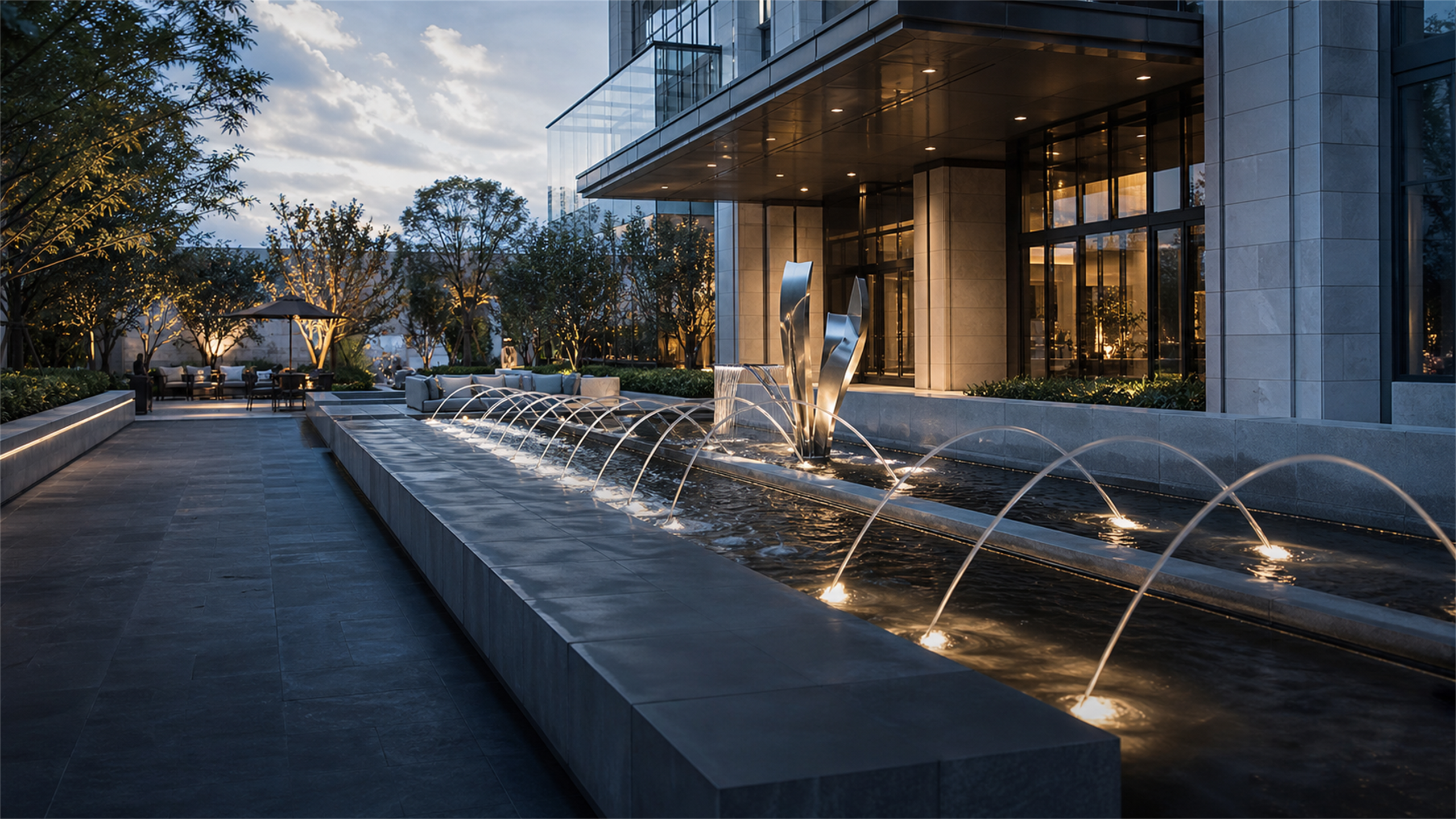 Visualização conceitual de uma fonte ornamental integrada à arquitetura e ao paisagismo