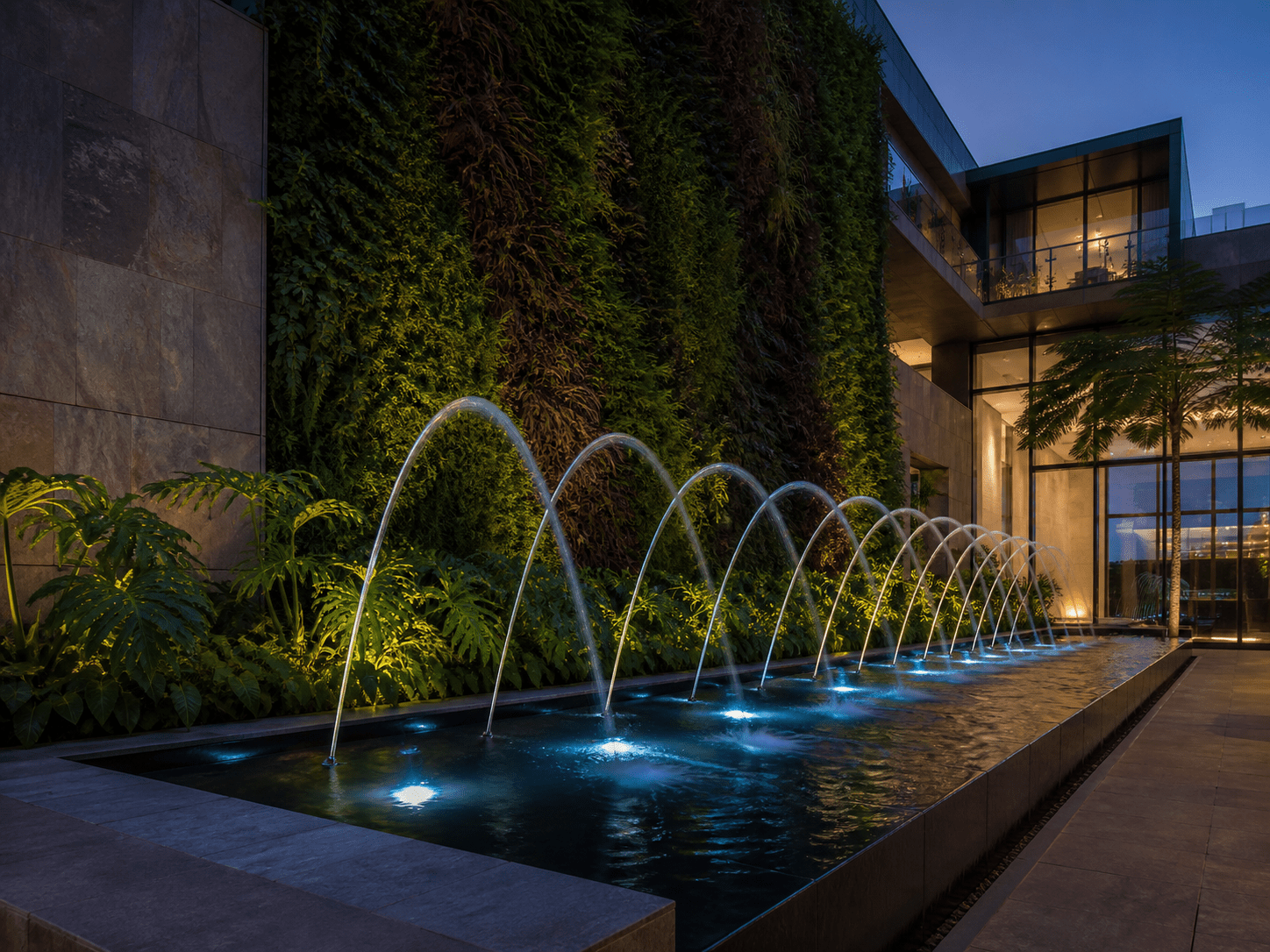Imagem conceitual de uma fonte ornamental integrada à arquitetura e ao paisagismo