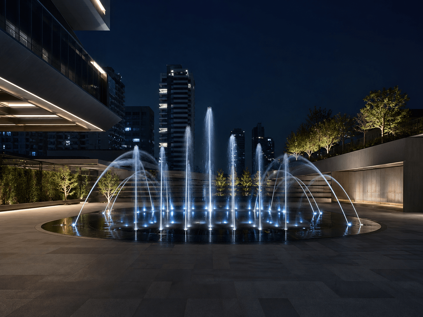 Imagem conceitual de um sistema de água e luz com jatos iluminados em uma praça contemporânea