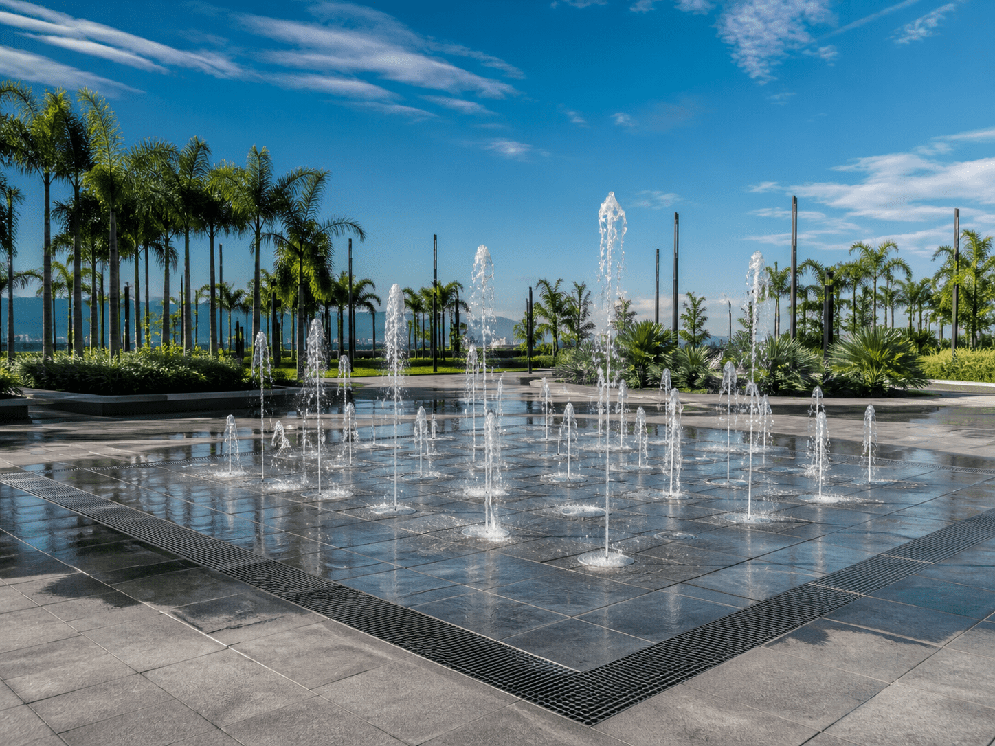 Imagem conceitual de um chafariz interativo com jatos de piso em uma praça contemporânea