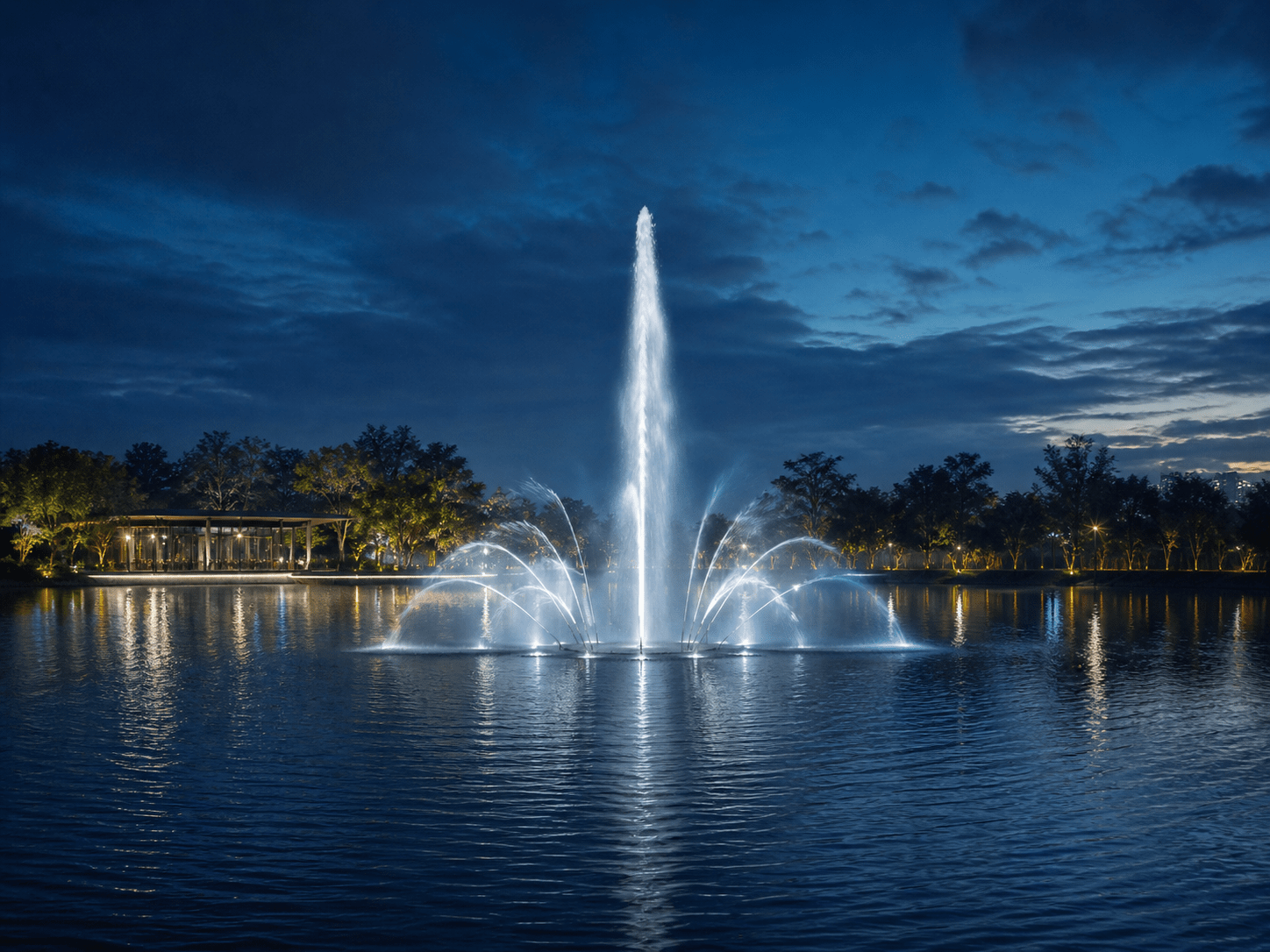Imagem conceitual de uma fonte flutuante instalada em um lago de parque urbano