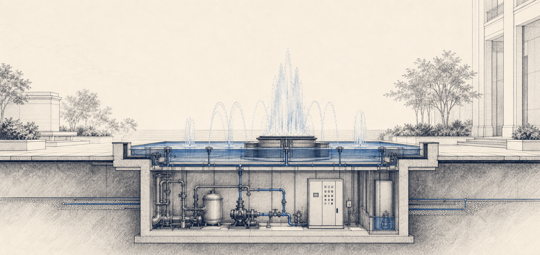 Ilustração em corte de uma fonte ornamental mostrando a água na superfície e a infraestrutura técnica abaixo do piso
