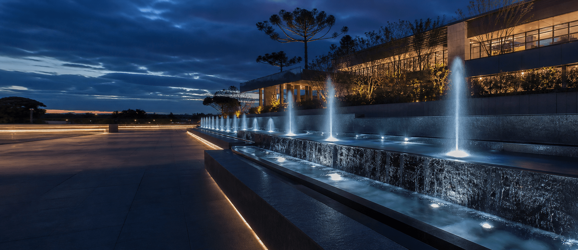 Imagem conceitual de uma fonte ornamental integrada a uma praça contemporânea no Sul do Brasil