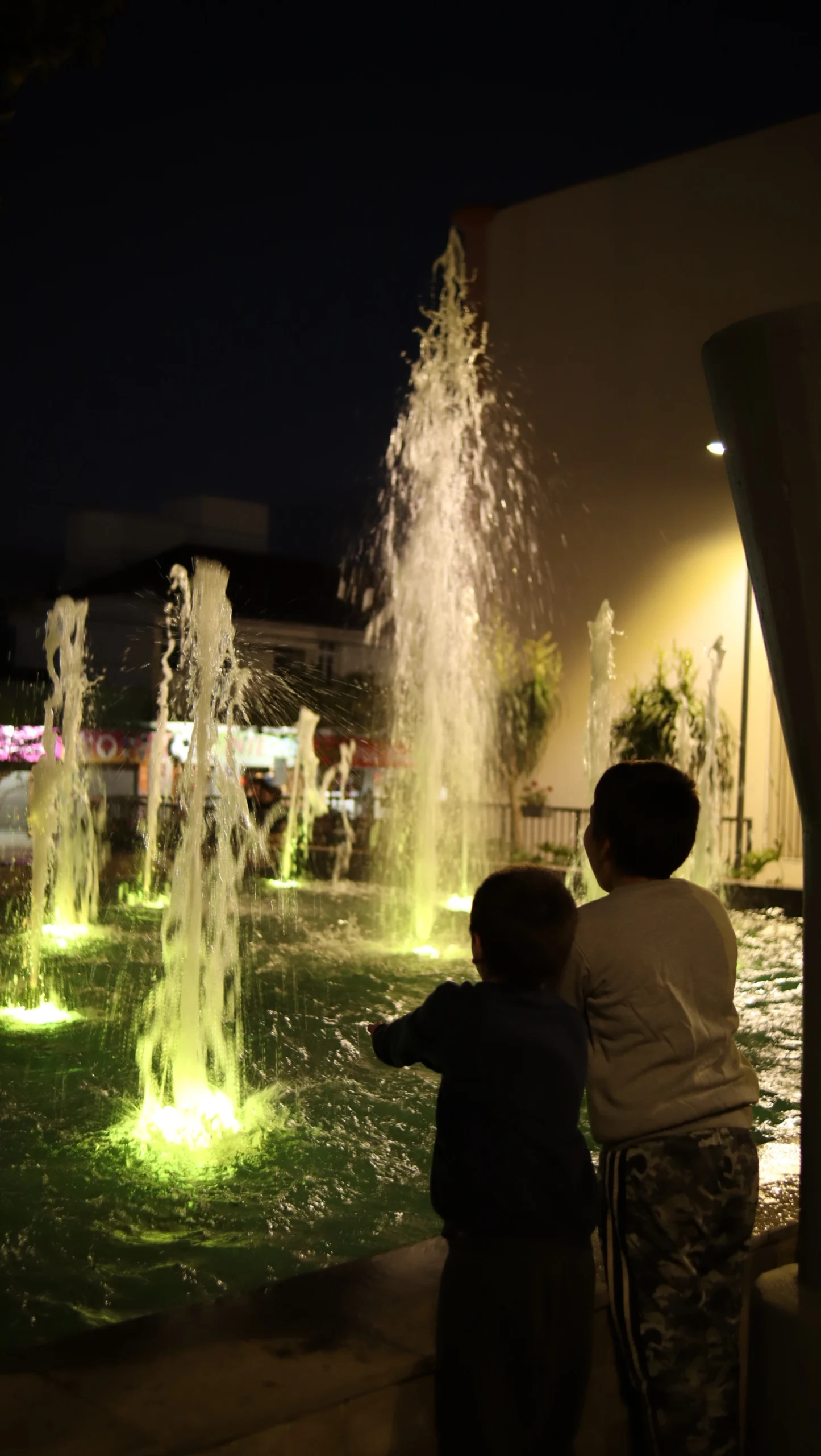 Crianças observando a fonte ornamental iluminada à noite