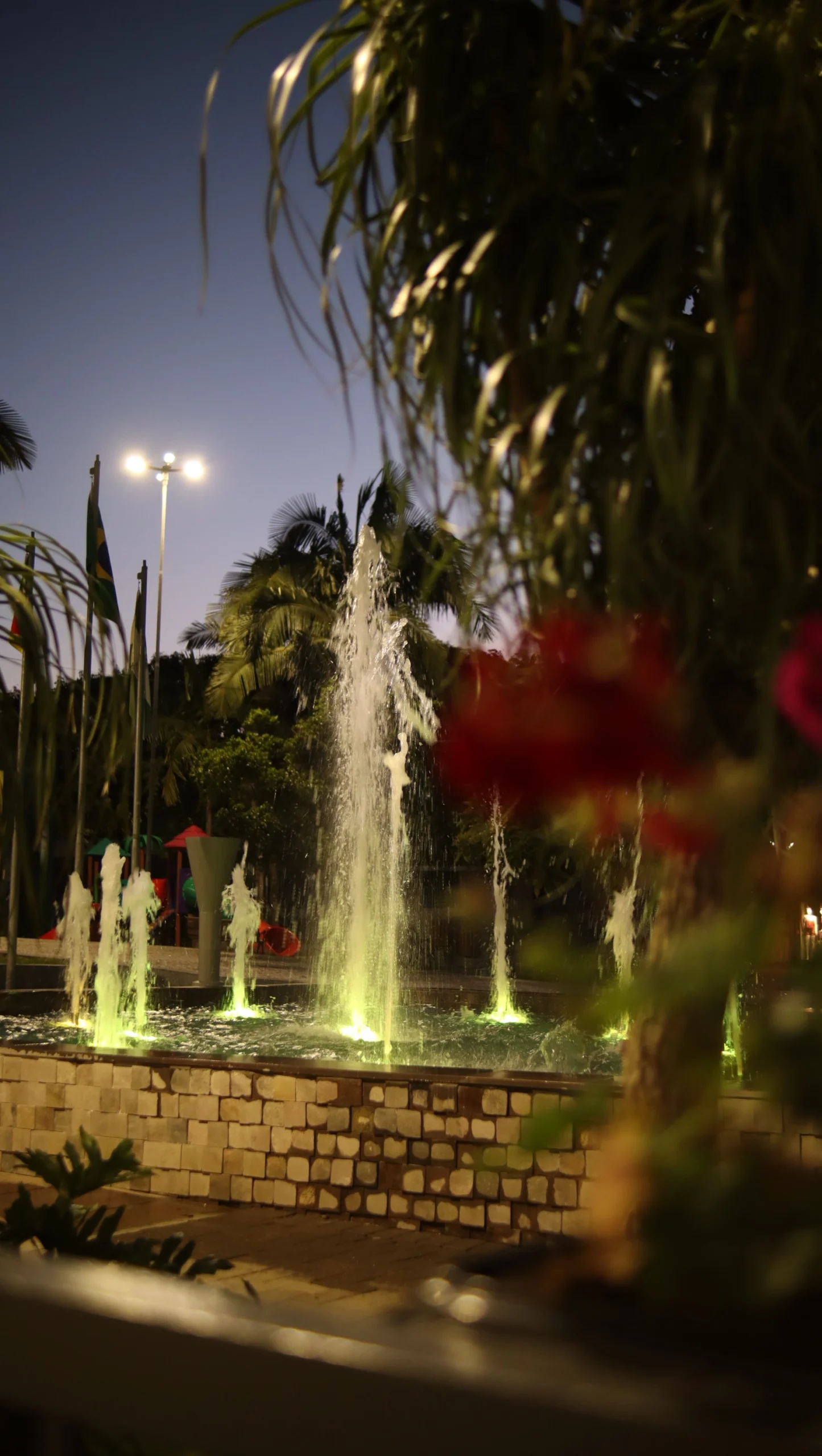 Fonte ornamental com jatos iluminados ao entardecer