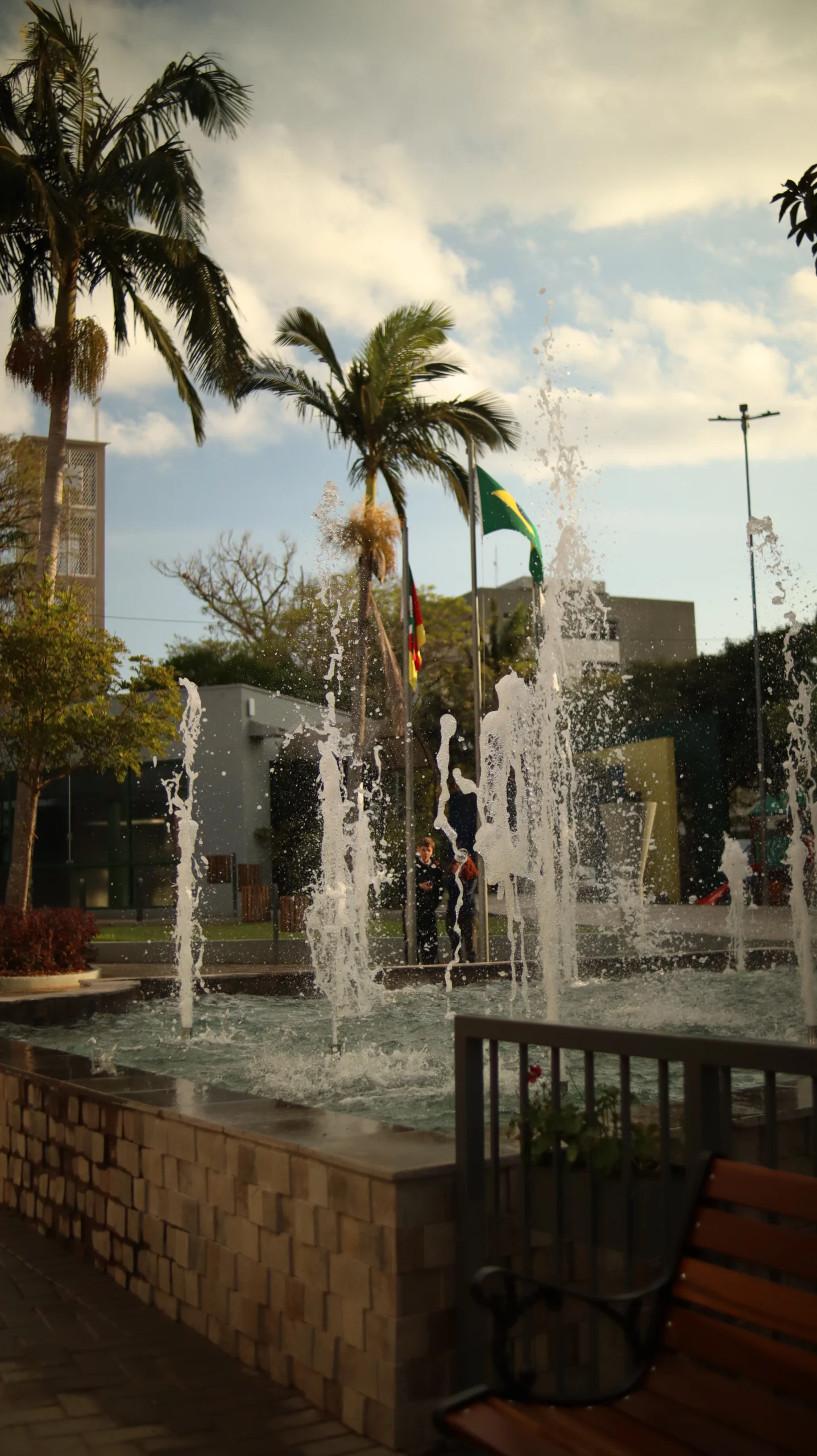 Fonte ornamental em praça vista na vertical